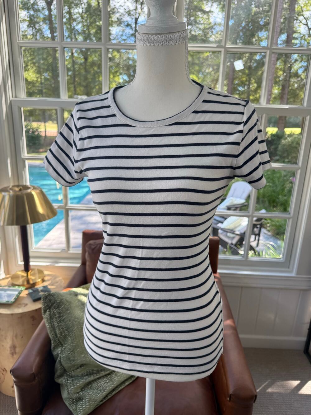 J. Crew Women's Fine Rib Cotton Tee Size Small Blue & White Stripes 100% Cotton